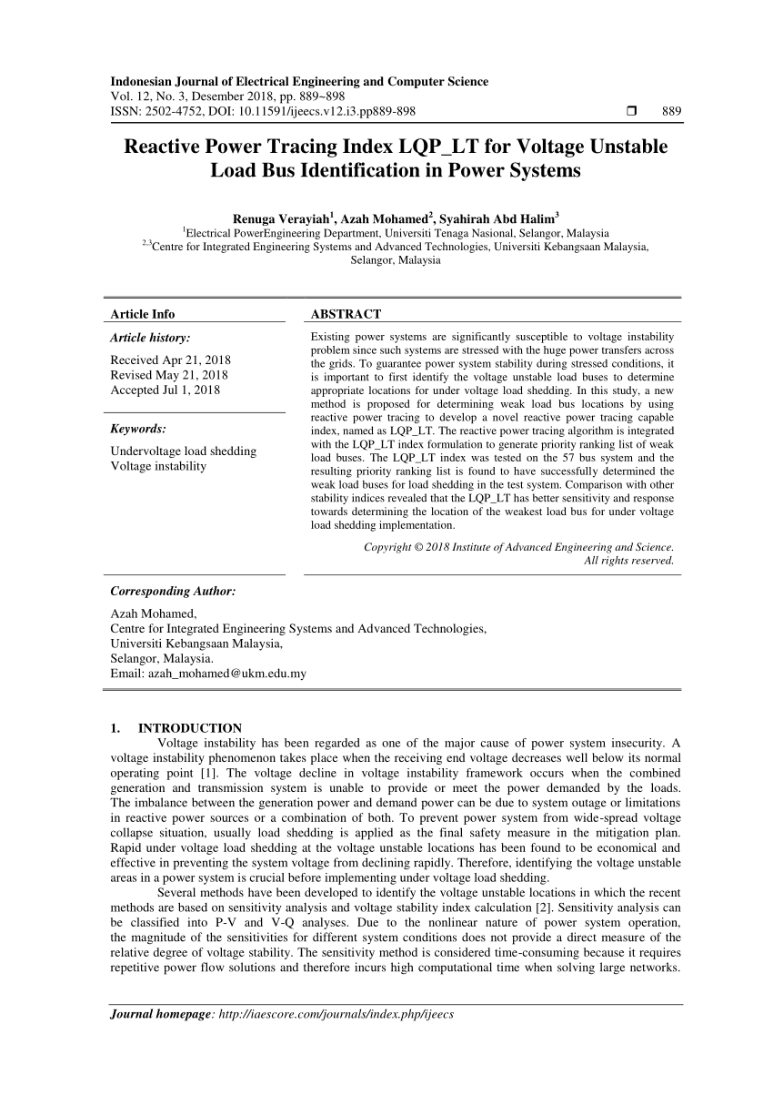  PDF Reactive Power Tracing Index LQP LT For Voltage Unstable Load Bus 