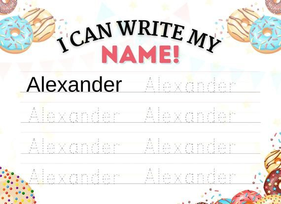 Alexander Printable Donut Name Tracing Practice Sheet Kids Etsy 