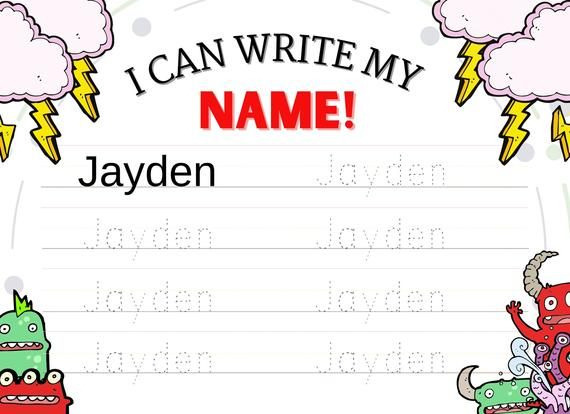 Jayden Printable Name Tracing Practice Sheet Monster Themed Etsy 