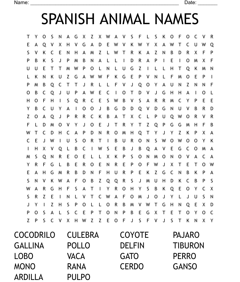 SPANISH ANIMAL NAMES Word Search WordMint