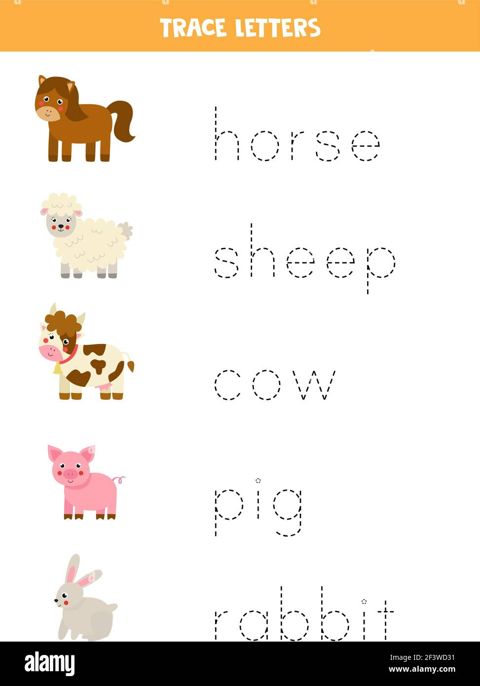 Trace The Names Of Cute Cartoon Farm Animals Handwriting Practice For 