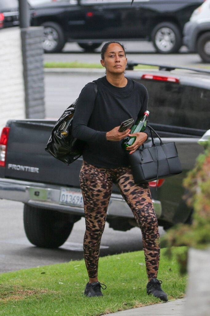 Tracee Ellis Ross Sports Animal Print Leggings While Arriving For A 