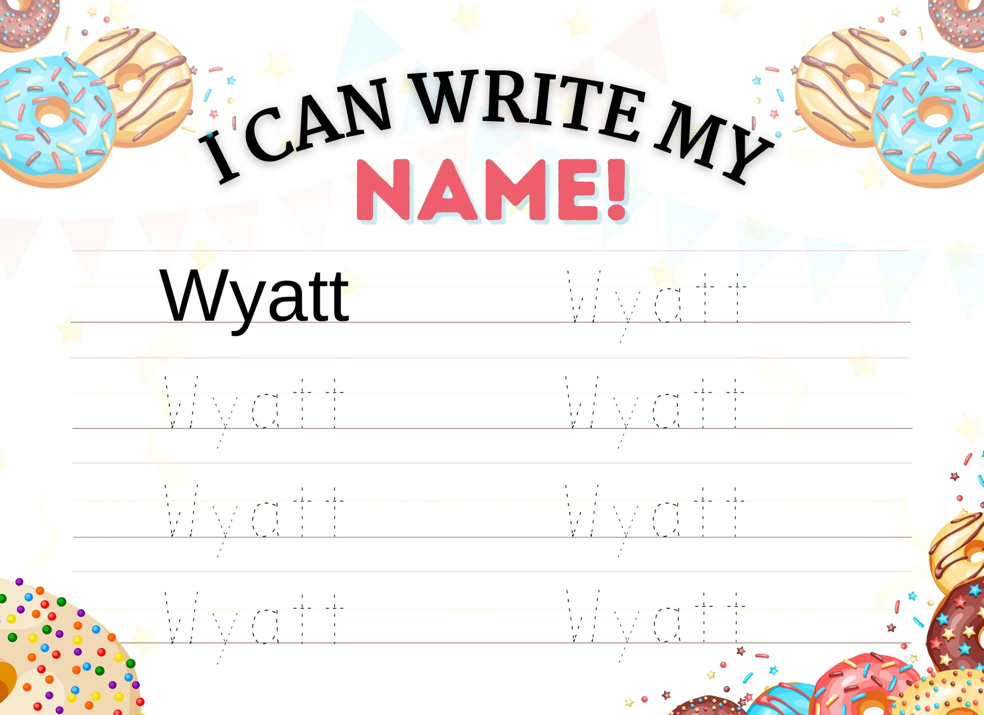 Wyatt Printable Donut Name Tracing Practice Sheet Kids Etsy